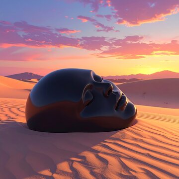 A dark head rests peacefully in the desert at sunset