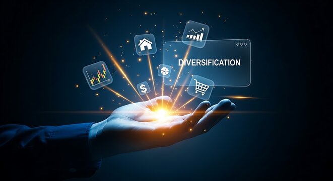 Multiple income streams and diversification concept. A hand at the center of a hologram receives light streams from various asset icons.