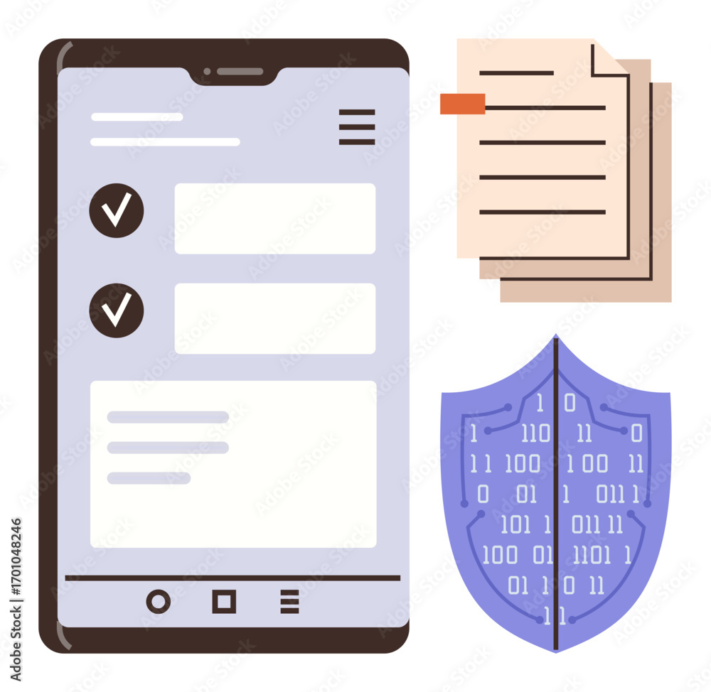 Poster smartphone with checklist interface, layered documents, and a digital shield with binary code. ideal