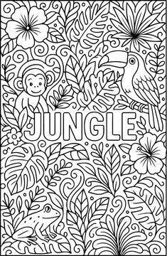 hand drawn vector illustration of jungle doodle art coloring page for kids line art