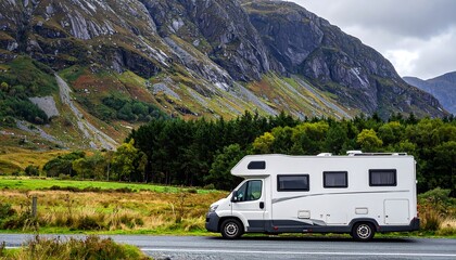 A white camper van parked beside a scenic road, with towering mountains in the background, creating a tranquil and adventurous landscape.