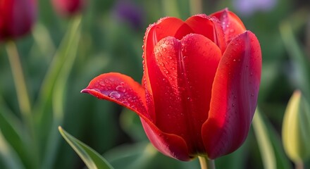 Vibrant crimson tulip with dewdrops sparkling under light embraced by verdant garden freshness