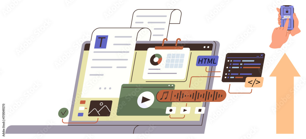 Aufkleber laptop displaying text, charts, multimedia, coding, and file exchange. hand holding device syncing d
