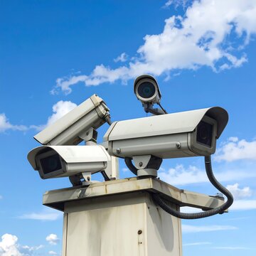 Multiple security cameras mounted on a metal pole against a vibrant blue sky with scattered clouds.