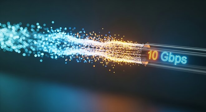 Fiber optic speed concept. A stream of light particles travels at high speed inside a holographic fiber optic cable with a "10 Gbps" label.