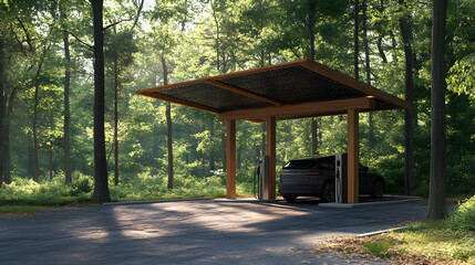 Naklejka premium Electric vehicle charging station nestled in a serene forest setting concept