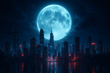 Futuristic Cyberpunk Cityscape Under a Giant Glowing Blue Moon Reflecting on Water