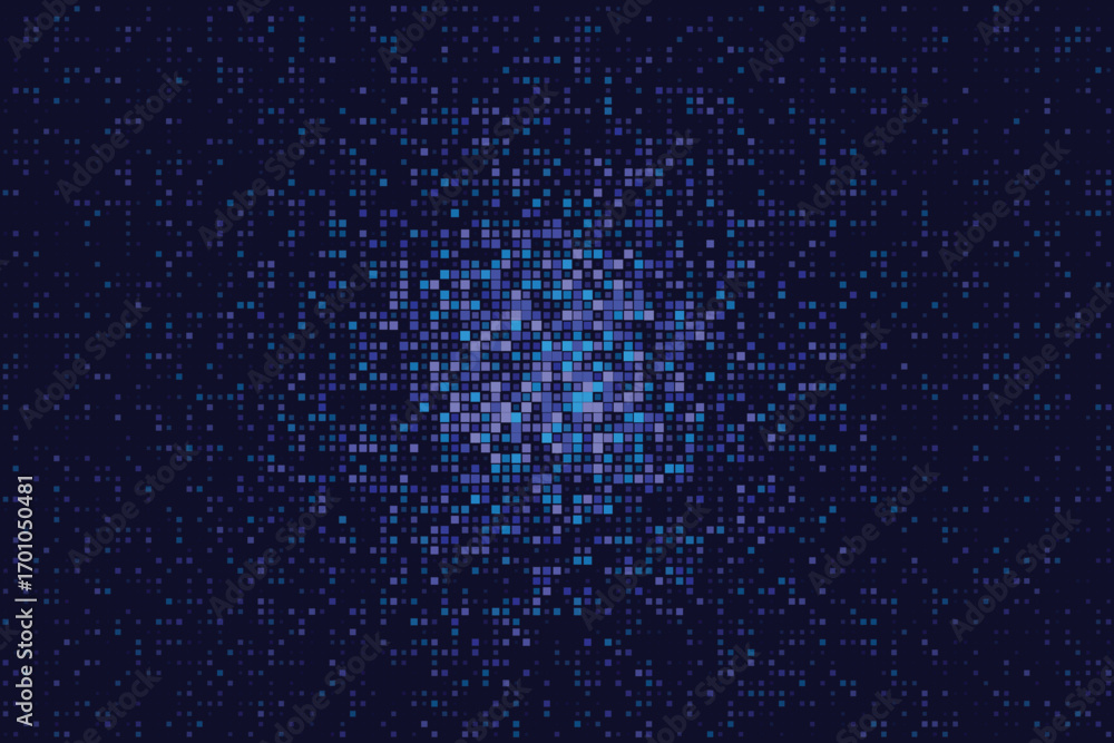 Poster abstract digital pixelated background with a radial gradient of blue and purple squares, creating a 
