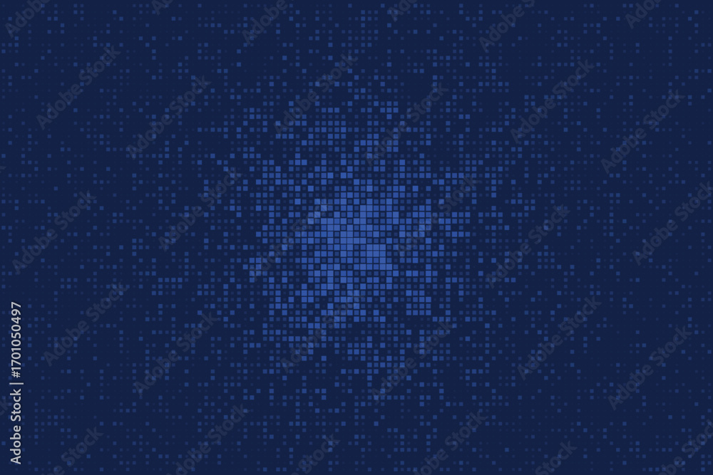 Poster abstract digital blue pixel background with a central glowing effect, representing data, technology,