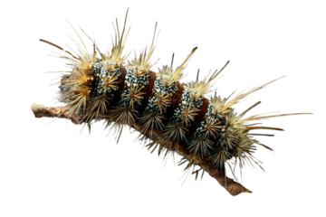 A hairy caterpillar with vibrant teal, brown, and white markings crawls on a twig against a transparent background. background removed