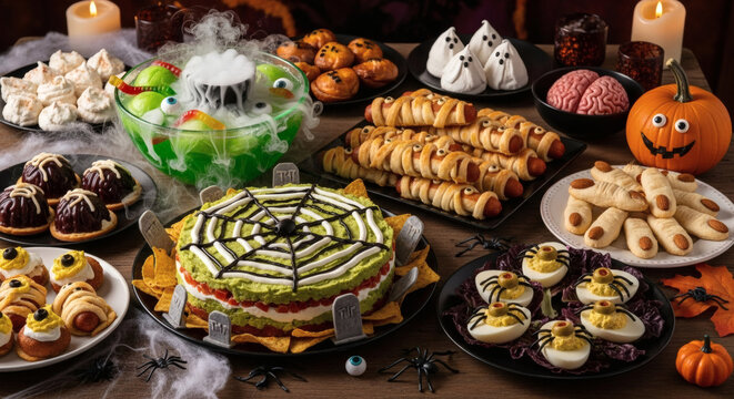 Spooky Halloween Party Food Spread with Delicious Treats and Festive Decorations