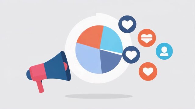 A cartoon-style illustration shows a megaphone projecting towards a pie chart with social media icons floating around it.