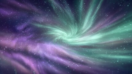 A satellite flying through the Northern Lights with aurora swirls glowing beneath in green and purple light. stock image, hd quality,