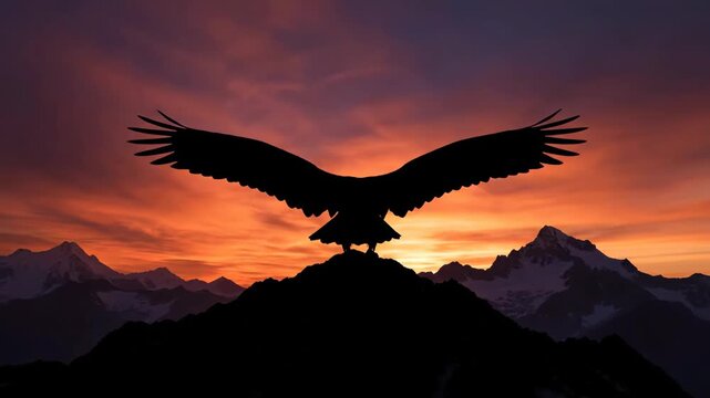 A Powerful Eagle Perched Atop a Mountain Peak, Silhouetted Against a Breathtaking Fiery Sunset Sky.