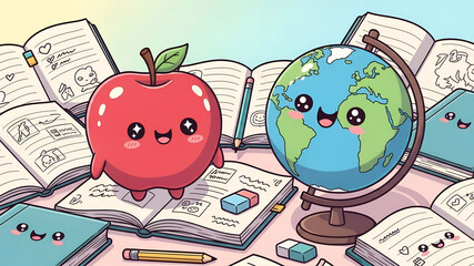 Joyful Learning Pals: A Kawaii Apple and Globe Amidst Doodled School Notebooks