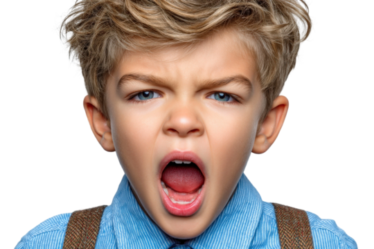 Young boy expressing strong emotions with an open mouth while wearing a blue shirt and suspenders against a plain background.