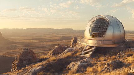 Futuristic observatory nestled atop a rugged mountain, sunset casting golden hues