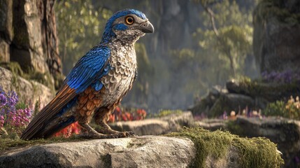 Fleshy-feathered bird perched on rock, lush forest backdrop