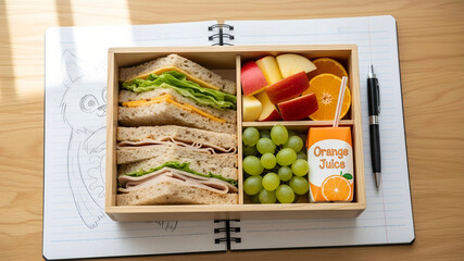Artistic Lunch Break: A Wholesome Bento Box Atop a Cartoon Sketch