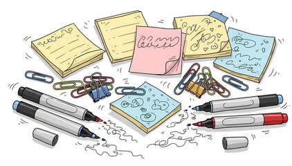 Creative Chaos: A Colorful Hand-Drawn Still Life of Office Supplies and Doodles