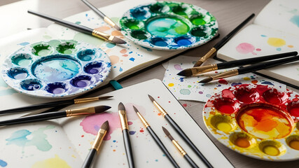A Vibrant Array of Watercolor Palettes, Brushes, and Splatters on an Artist's Desk