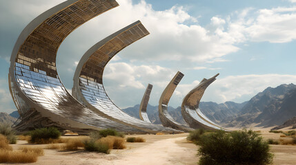 Fototapeta premium Futuristic solar array in a desert landscape harnessing clean energy potential