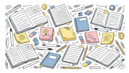 Artistic Doodle Collage of Scattered Journals, Pens, and Creative Notes