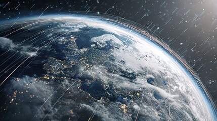 Artistic but realistic rendering of Earth from high orbit with satellites traced in geosynchronous belt. stock image, hd quality