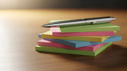 Office Still Life: A Sleek Silver Pen on a Pastel Sticky Note Stack