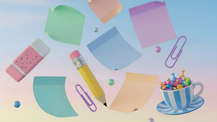 Dreamy 3D Render of Floating Pastel Stationery and a Teacup of Colorful Pushpins.