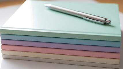 Serene Stack of Pastel Journals with a Sleek Silver Pen on a Bright Desk
