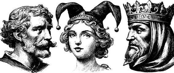 Vintage engraving style illustrations of aristocratic figures with jester and king