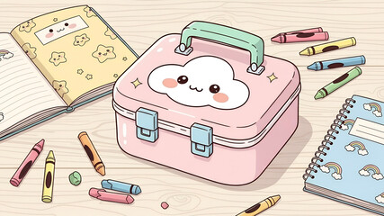 Adorable Kawaii Art Supplies: Cute Cloud Box, Star Notebook, and Crayons on a Desk