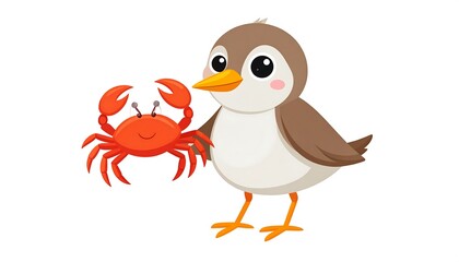 A cheerful cartoon bird holds a friendly crab against a bright white background.