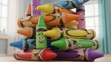 A Joyful Jumble of Colorful Crayon Characters with Torn Wrappers and Expressive Faces.