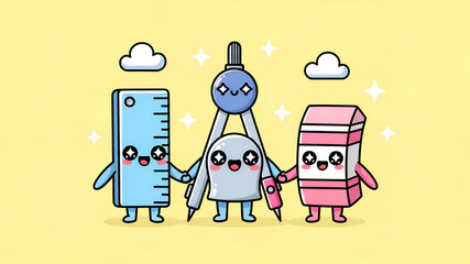 Adorable Kawaii School Supplies Trio: Ruler, Compass, and Eraser Holding Hands