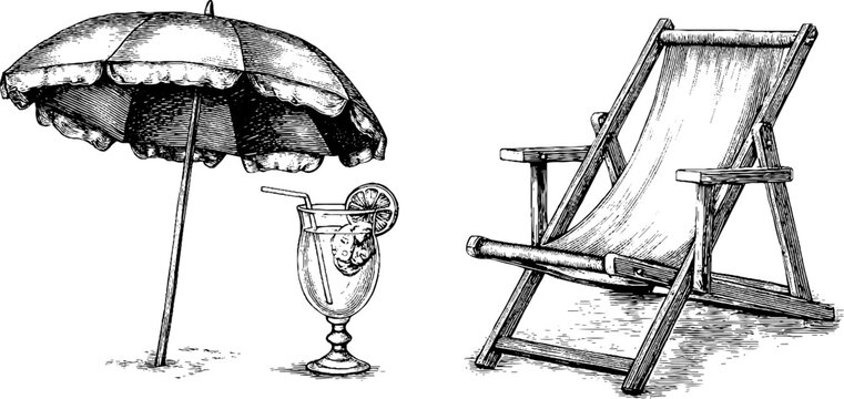 Vintage engraving style illustration of beach set with umbrella, deck chair, and drink