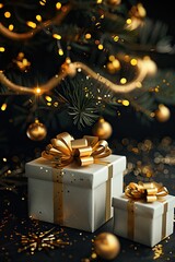 Luxurious Christmas gifts under decorated tree with golden ornaments, copy space