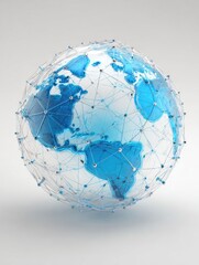 A 3D globe, translucent blue, with a network of light blue lines connecting metallic dots