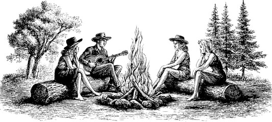 Vintage campfire gathering with guitar in engraving style for rustic design projects