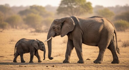 Fototapeta premium African elephant mother and calf in savanna