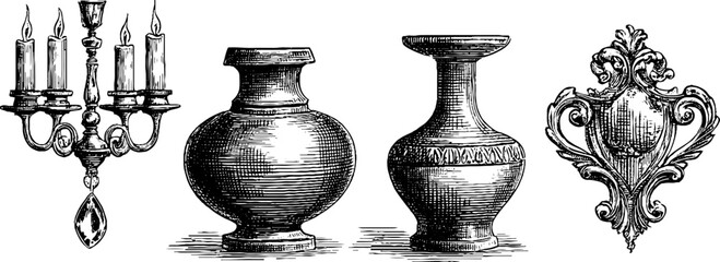 Vintage chandeliers and vases - hand drawn engraving style for retro decor and design