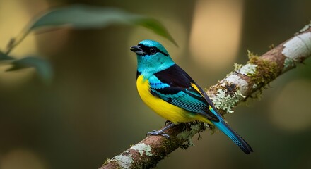 Obraz premium Vibrant turquoise tanager perched on mossy branch a colorful neotropical bird in its natural