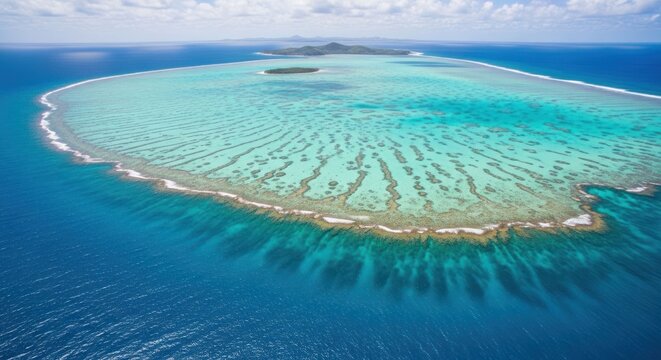 Aerial view of a coral atoll, vibrant turquoise water - Powered by Adobe