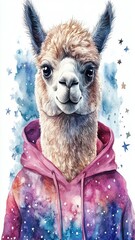 Alpaca in Galaxy Hoodie Watercolor