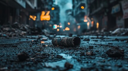 Urban debris nighttime scene