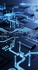 Close-up of a circuit board with glowing blue traces. Illustrates intricate electronic circuitry and technological advancement. High-tech, detailed rendering.