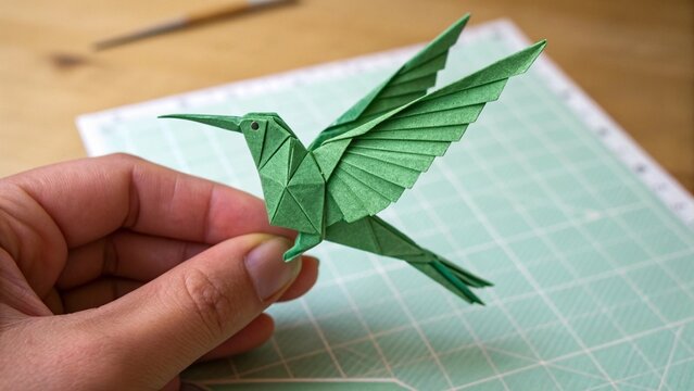 Green Origami Hummingbird Handcrafted Paper Art - Powered by Adobe
