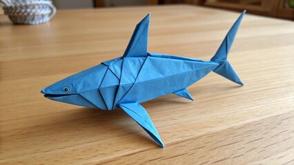 Realistic Blue Origami Shark Paper Folding Art on Wooden Table