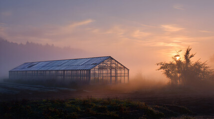 Obraz premium Misty Morning: Serene Greenhouse Landscape at Sunrise shrouded in ethereal fog
